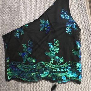 Black and Green Sequin Asymmetrical Top